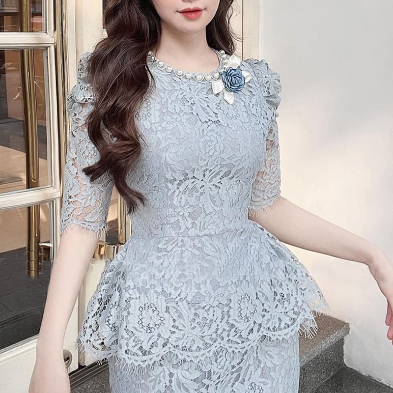 Set: Elbow-Sleeve Peplum Lace Top + High Waist Midi Pencil Skirt
