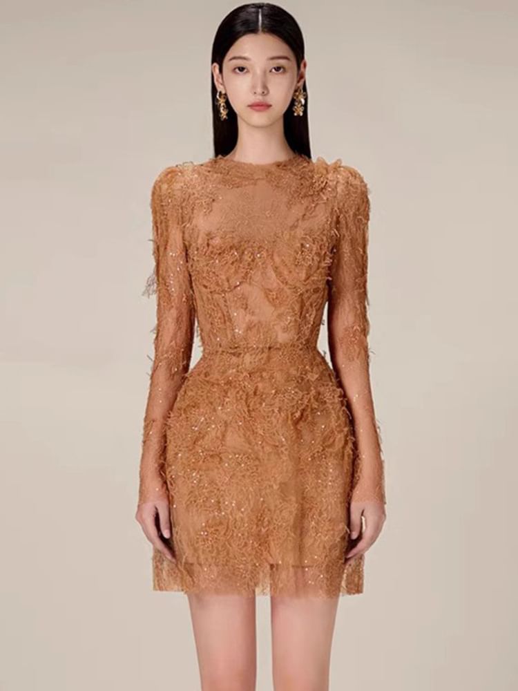 Long-Sleeve Crewneck Lace Mini Bodycon Dress