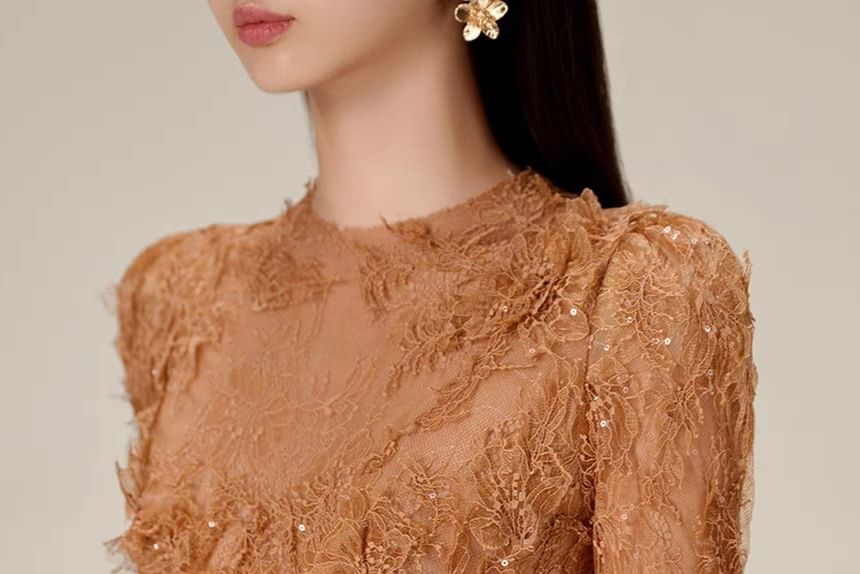 Long-Sleeve Crewneck Lace Mini Bodycon Dress