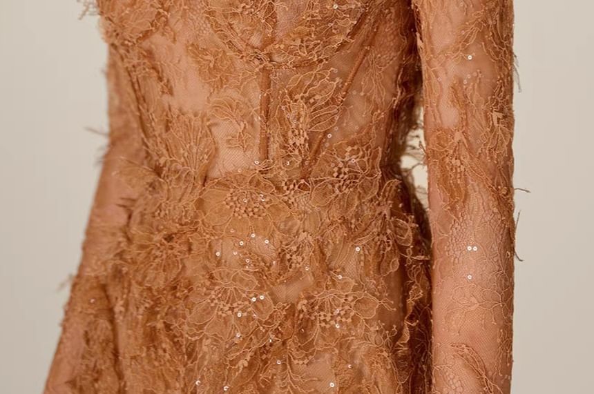 Long-Sleeve Crewneck Lace Mini Bodycon Dress