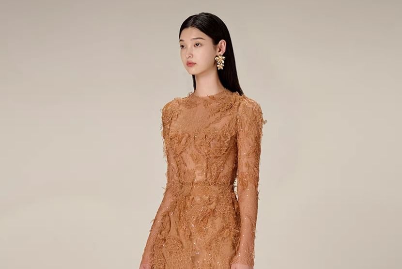 Long-Sleeve Crewneck Lace Mini Bodycon Dress