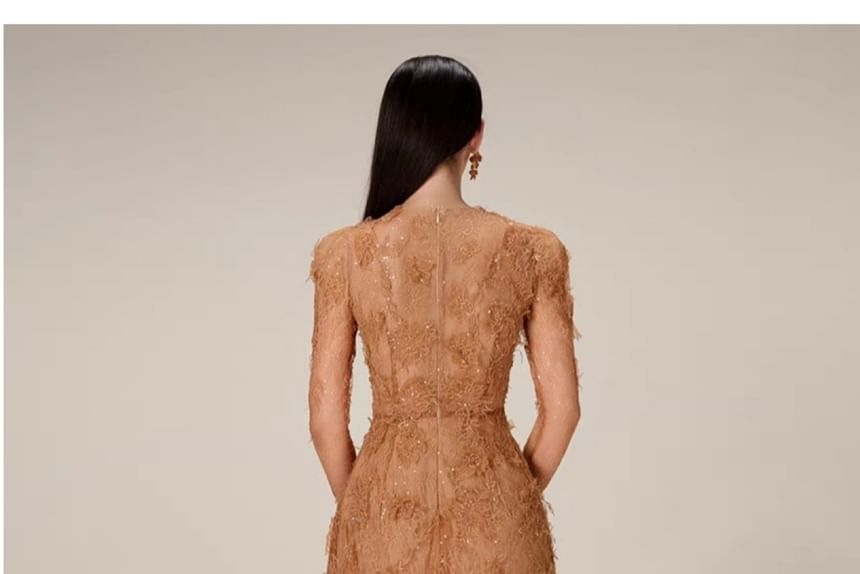 Long-Sleeve Crewneck Lace Mini Bodycon Dress