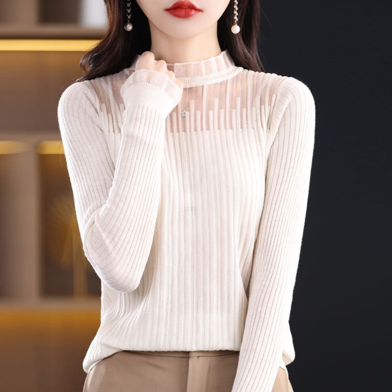 Mock Neck Plain Mesh Panel Ribbed Sweater