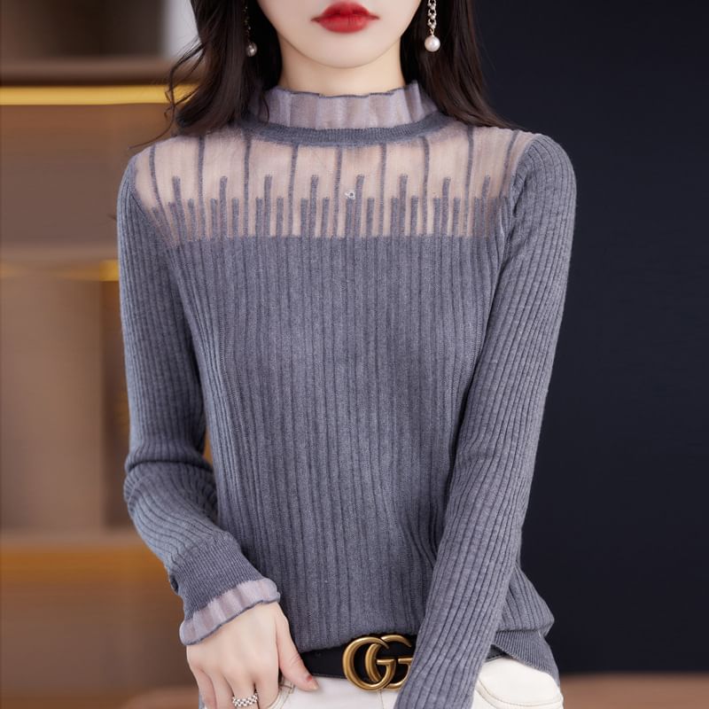 Mock Neck Plain Mesh Panel Ribbed Sweater