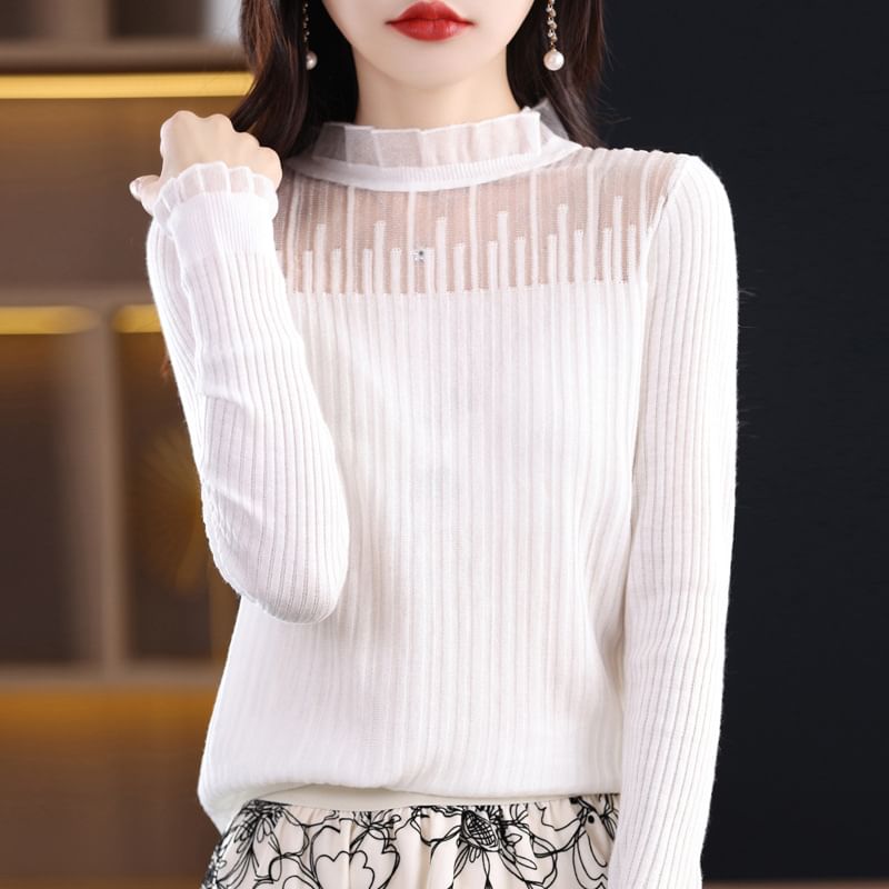 Mock Neck Plain Mesh Panel Ribbed Sweater