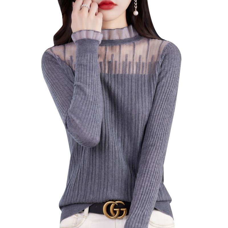 Mock Neck Plain Mesh Panel Ribbed Sweater