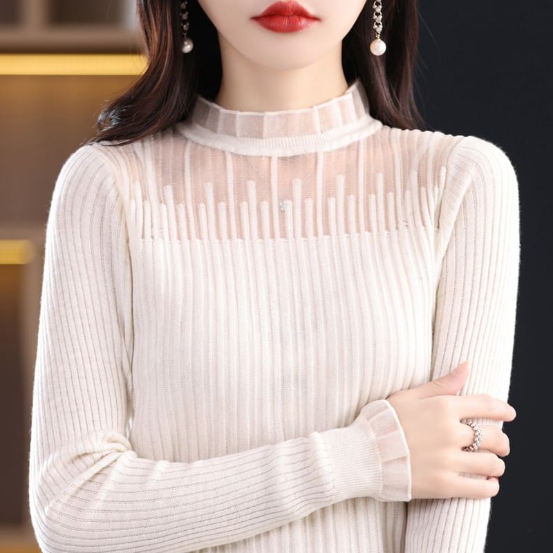 Mock Neck Plain Mesh Panel Ribbed Sweater