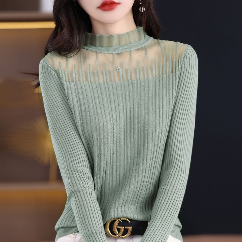 Mock Neck Plain Mesh Panel Ribbed Sweater