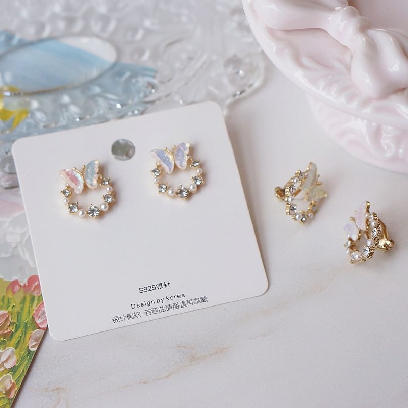 Butterfly Faux Stud Pearl Earring Rhinestone Alloy