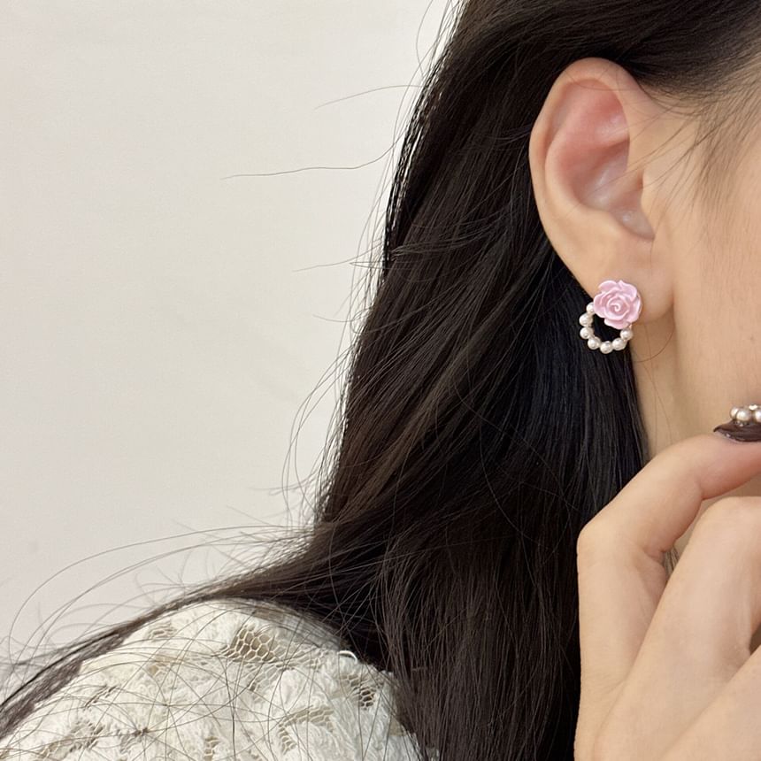 Stud Pearl Floral Faux Earring Alloy