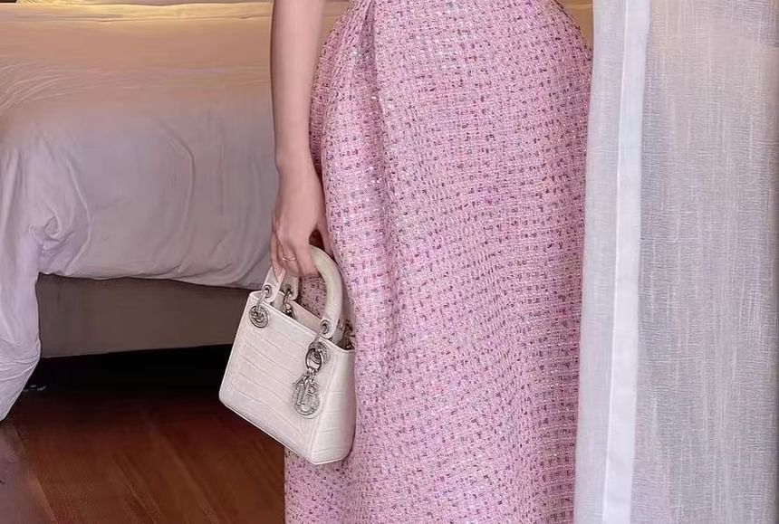 Spaghetti Strap Tweed A-Line Evening Gown