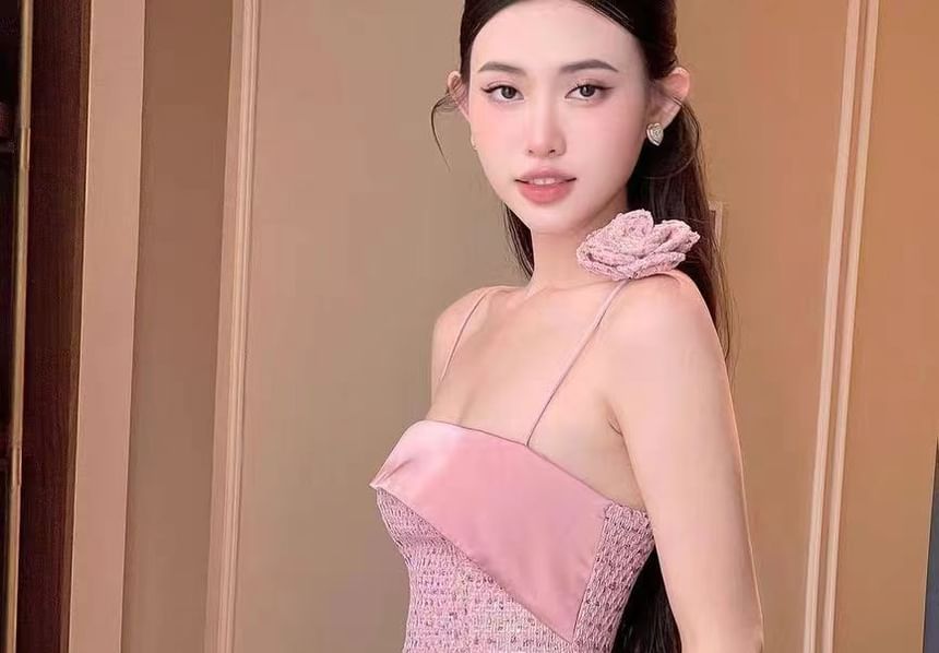 Spaghetti Strap Tweed A-Line Evening Gown