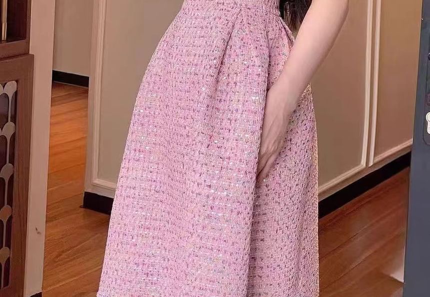 Spaghetti Strap Tweed A-Line Evening Gown