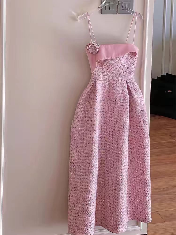 Spaghetti Strap Tweed A-Line Evening Gown