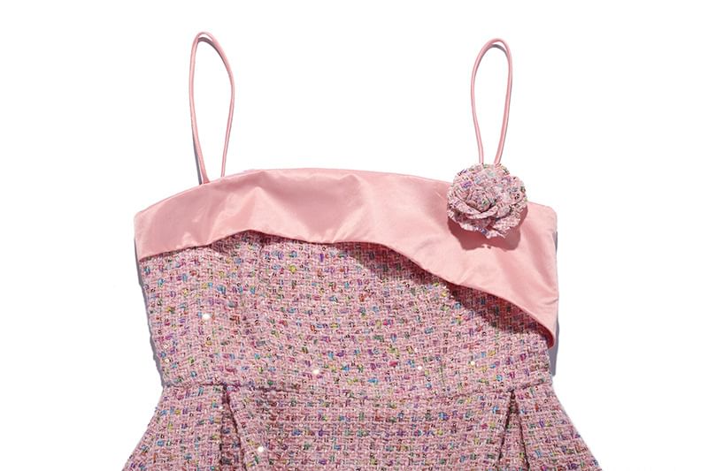 Spaghetti Strap Tweed A-Line Evening Gown