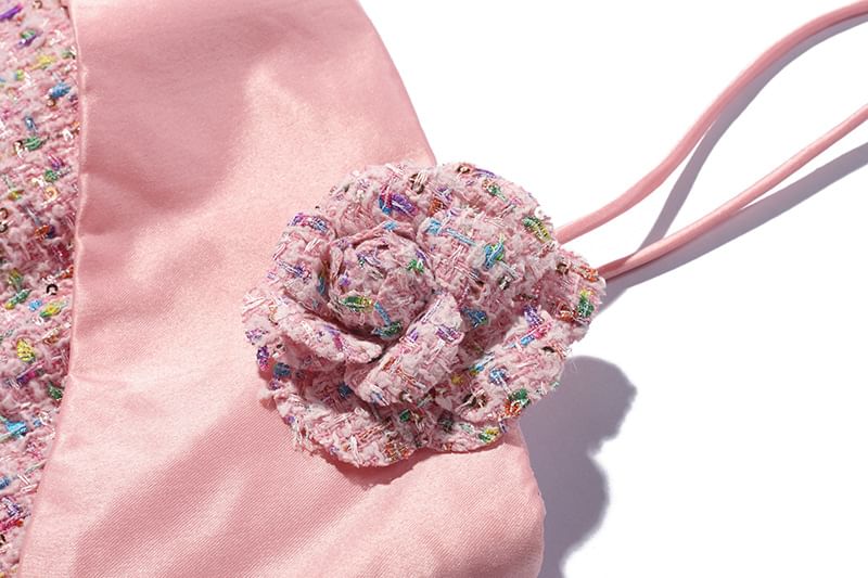 Spaghetti Strap Tweed A-Line Evening Gown