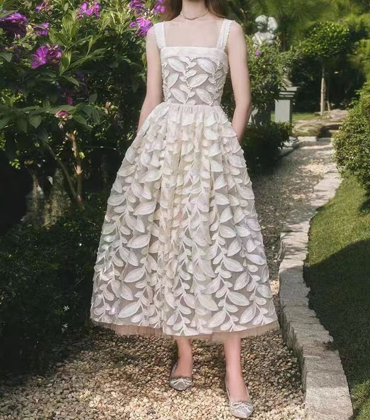 Wide Strap Feather Embroidered A-Line Cocktail Dress