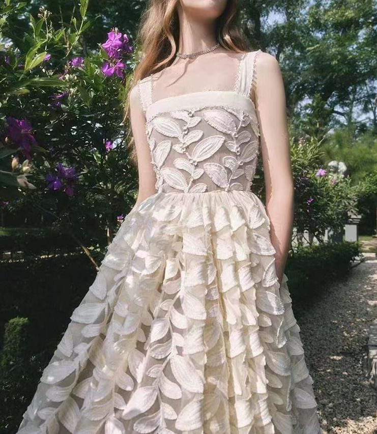 Wide Strap Feather Embroidered A-Line Cocktail Dress