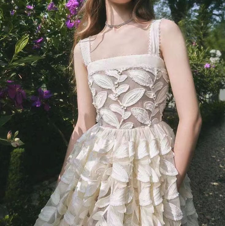 Wide Strap Feather Embroidered A-Line Cocktail Dress