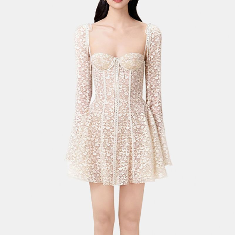 Long-Sleeve Square-Neck Mini A-Line Lace Dress