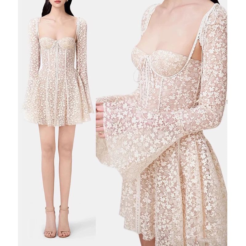 Long-Sleeve Square-Neck Mini A-Line Lace Dress