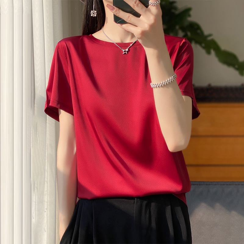 Short-Sleeve Crewneck Satin Plain T-Shirt