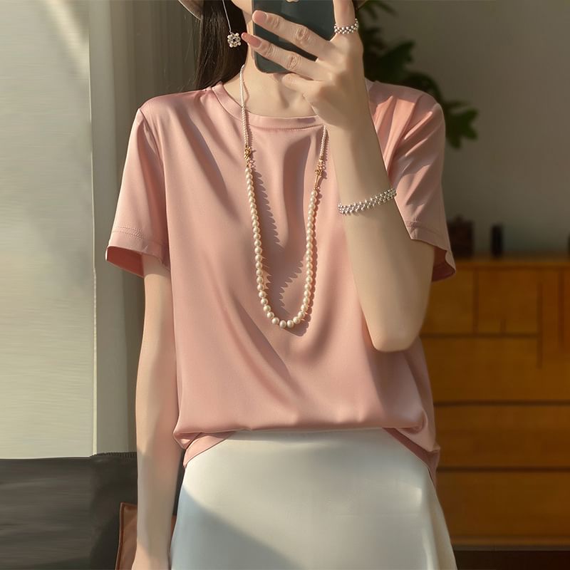 Short-Sleeve Crewneck Satin Plain T-Shirt