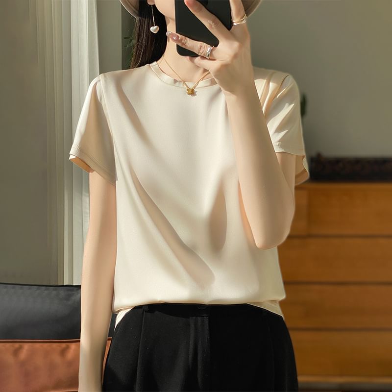 Short-Sleeve Crewneck Satin Plain T-Shirt
