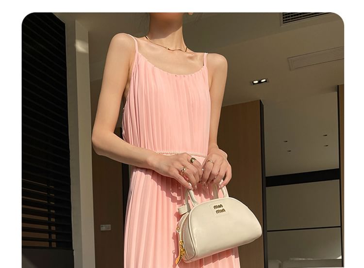 Spaghetti Strap Plain Maxi Pleated Dress