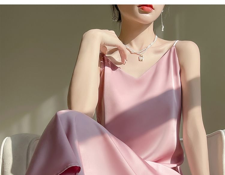 Spaghetti Strap V-Neck Plain Maxi A-Line Dress