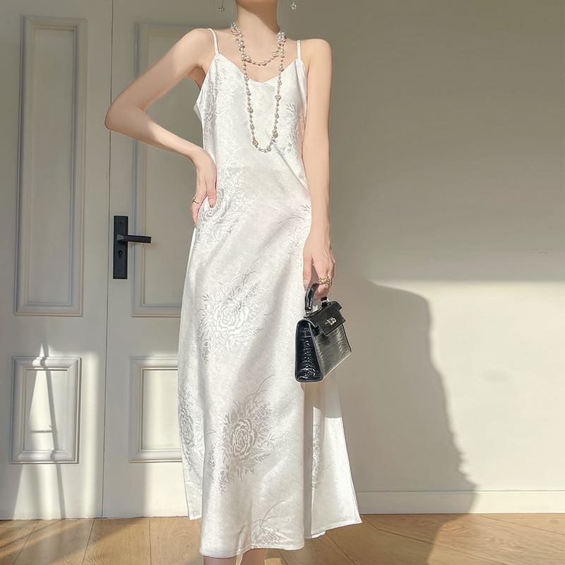 Spaghetti Strap V-Neck Satin Maxi A-Line Dress