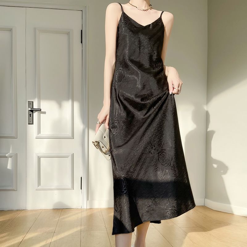 Spaghetti Strap V-Neck Satin Maxi A-Line Dress