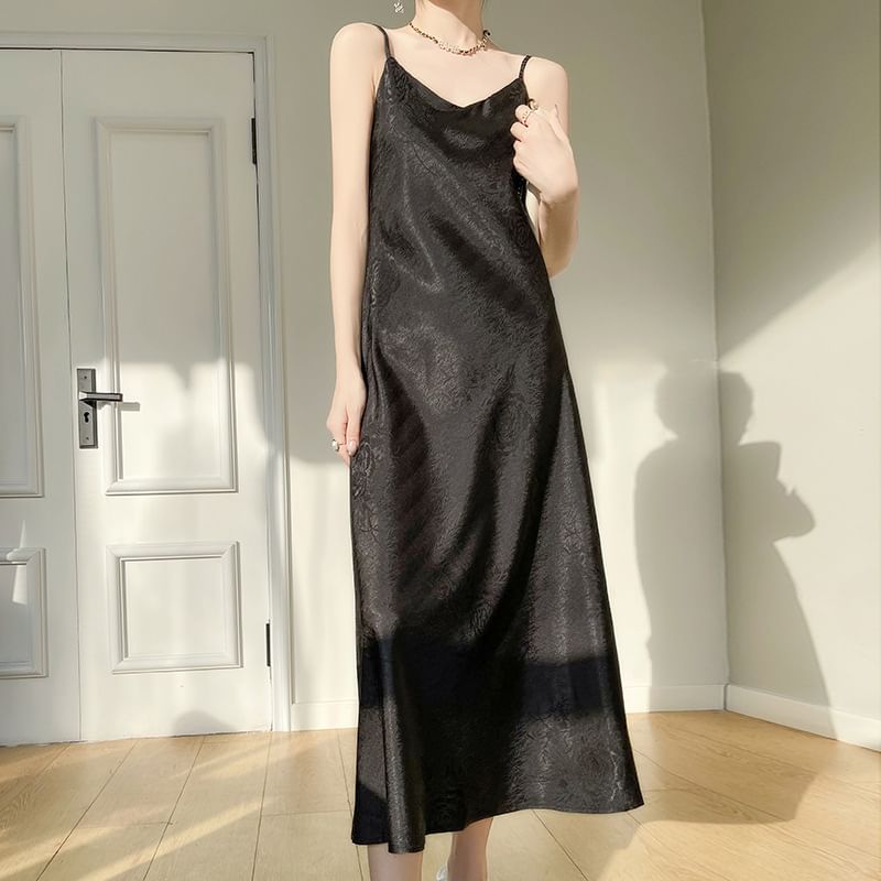 Spaghetti Strap V-Neck Satin Maxi A-Line Dress