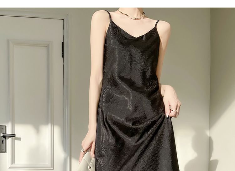 Spaghetti Strap V-Neck Satin Maxi A-Line Dress