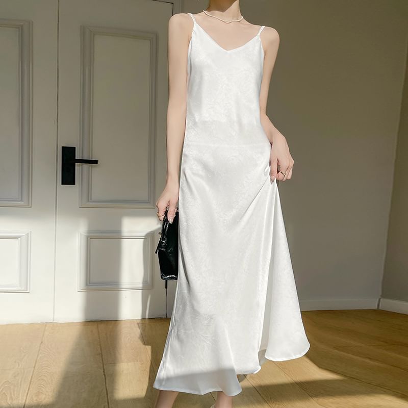 Spaghetti Strap V-Neck Print Maxi A-Line Dress