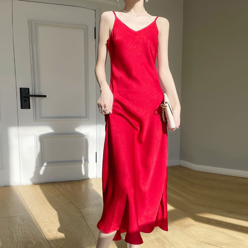 Spaghetti Strap V-Neck Print Maxi A-Line Dress