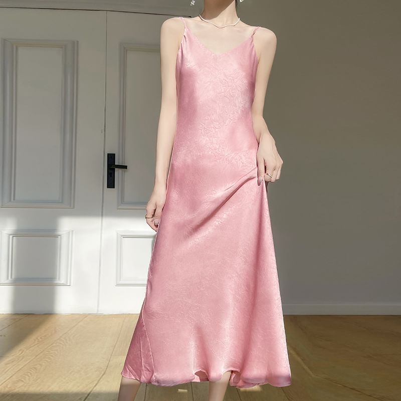 Spaghetti Strap V-Neck Print Maxi A-Line Dress