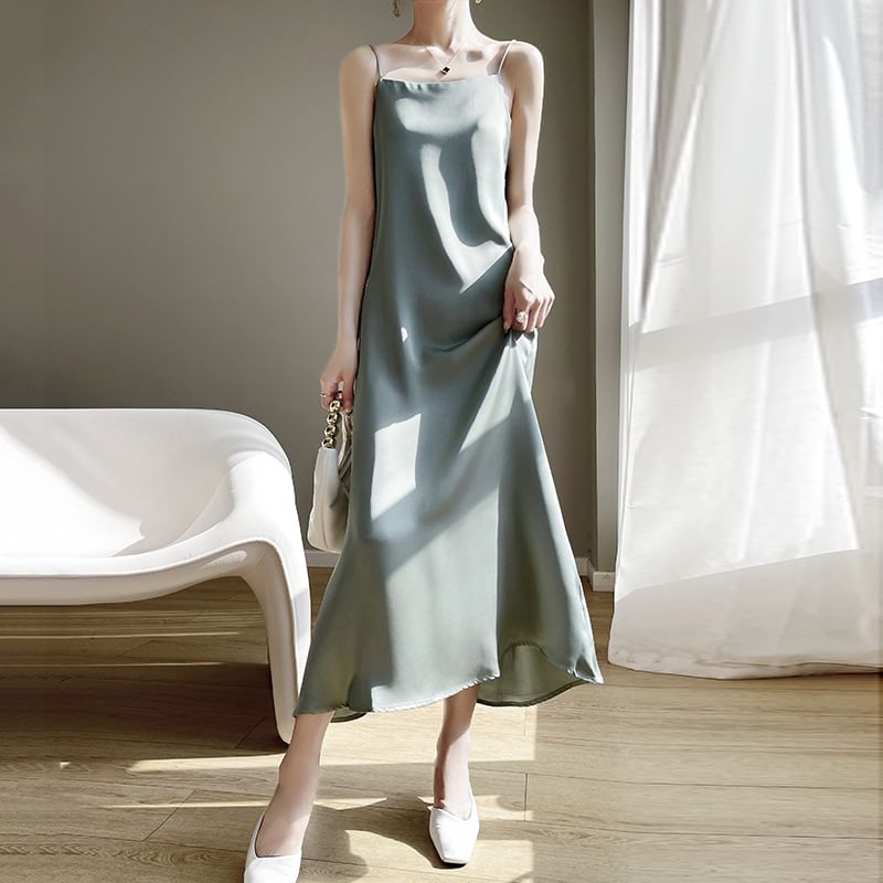 Spaghetti Strap Plain Maxi A-Line Dress