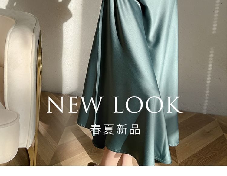 Spaghetti Strap V-Neck Plain Open Back Satin Maxi A-Line Dress