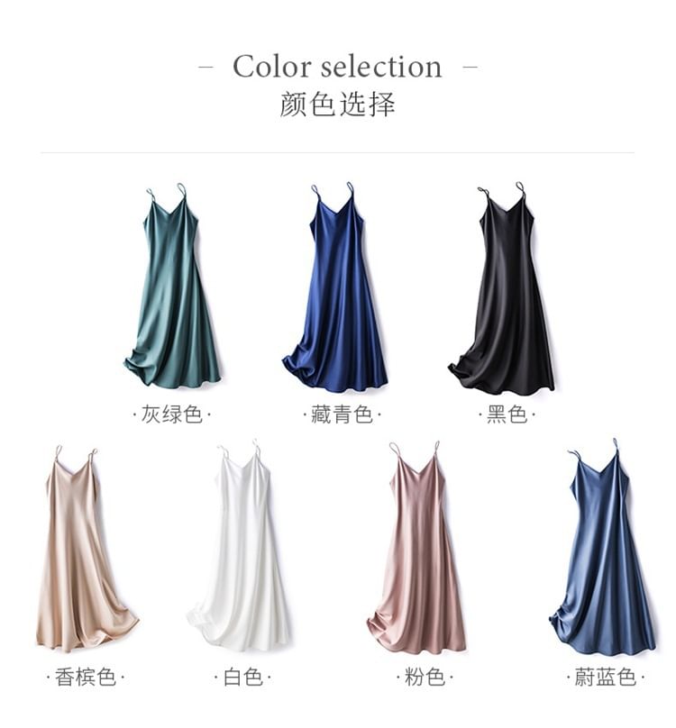 Spaghetti Strap V-Neck Plain Open Back Satin Maxi A-Line Dress