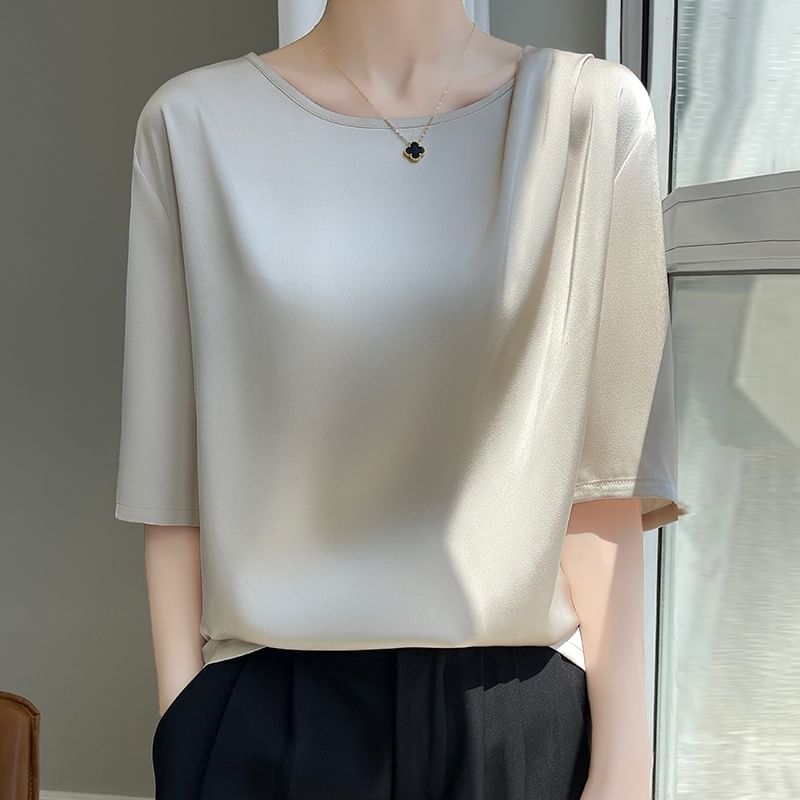 Elbow-Sleeve Asymmetrical Neck Plain Satin Blouse