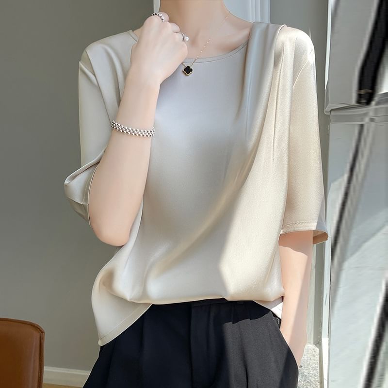 Elbow-Sleeve Asymmetrical Neck Plain Satin Blouse