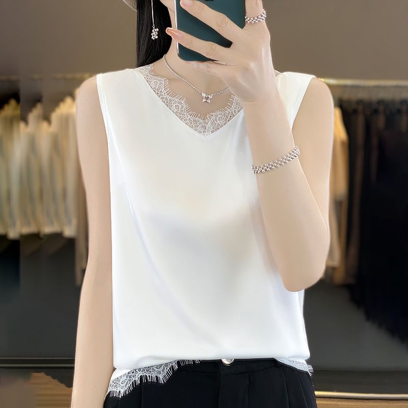 V-Neck Plain Lace Trim Satin Tank Top