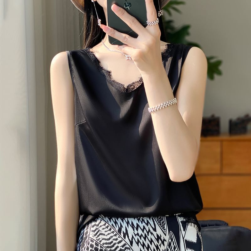 V-Neck Plain Lace Trim Satin Tank Top