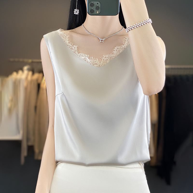 V-Neck Plain Lace Trim Satin Tank Top