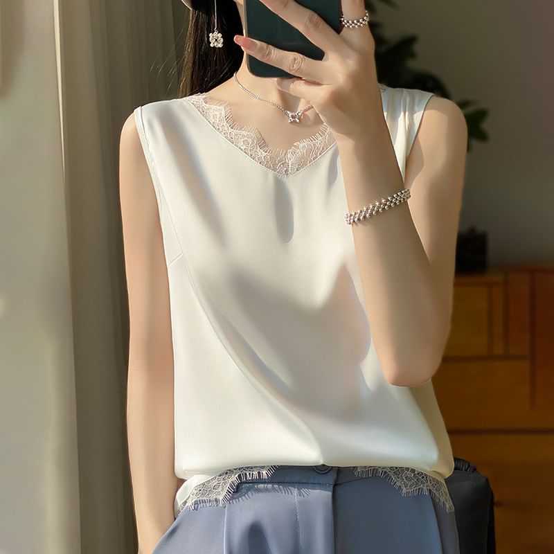 V-Neck Plain Lace Trim Satin Tank Top
