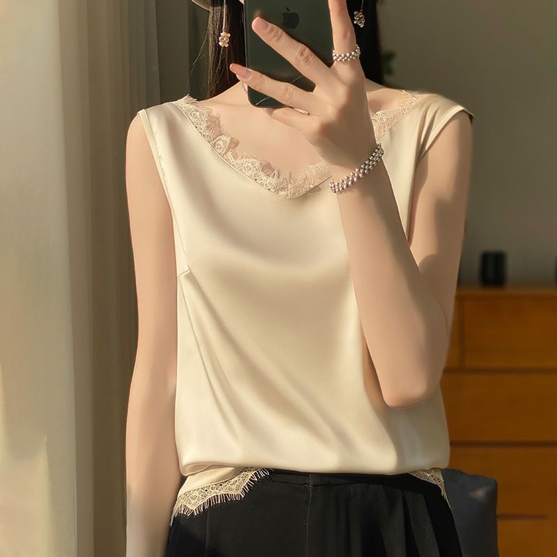 V-Neck Plain Lace Trim Satin Tank Top