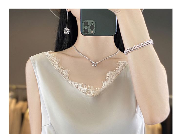 V-Neck Plain Lace Trim Satin Tank Top