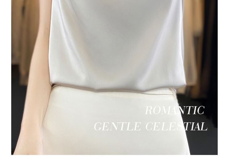 V-Neck Plain Lace Trim Satin Tank Top