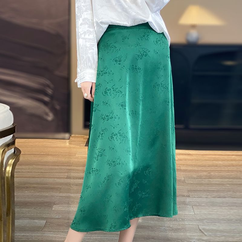 High Waist Floral Jacquard Satin Midi A-Line Skirt